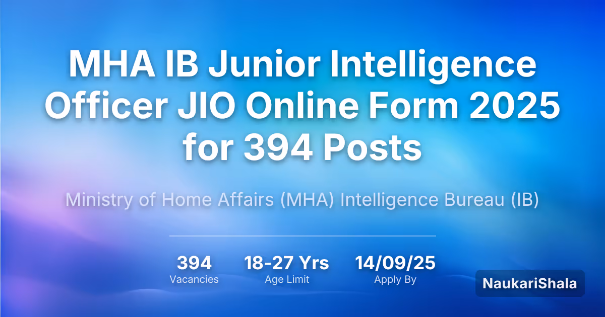 MHA IB Junior Intelligence Officer JIO Online Form 2025 for 394 Posts – Ministry of Home Affairs Intelligence Bureau$ (IB)