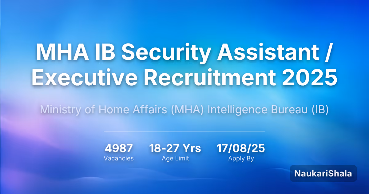 MHA IB Security Assistant / Executive Recruitment 2025 – Ministry of Home Affairs Intelligence Bureau$ (IB)